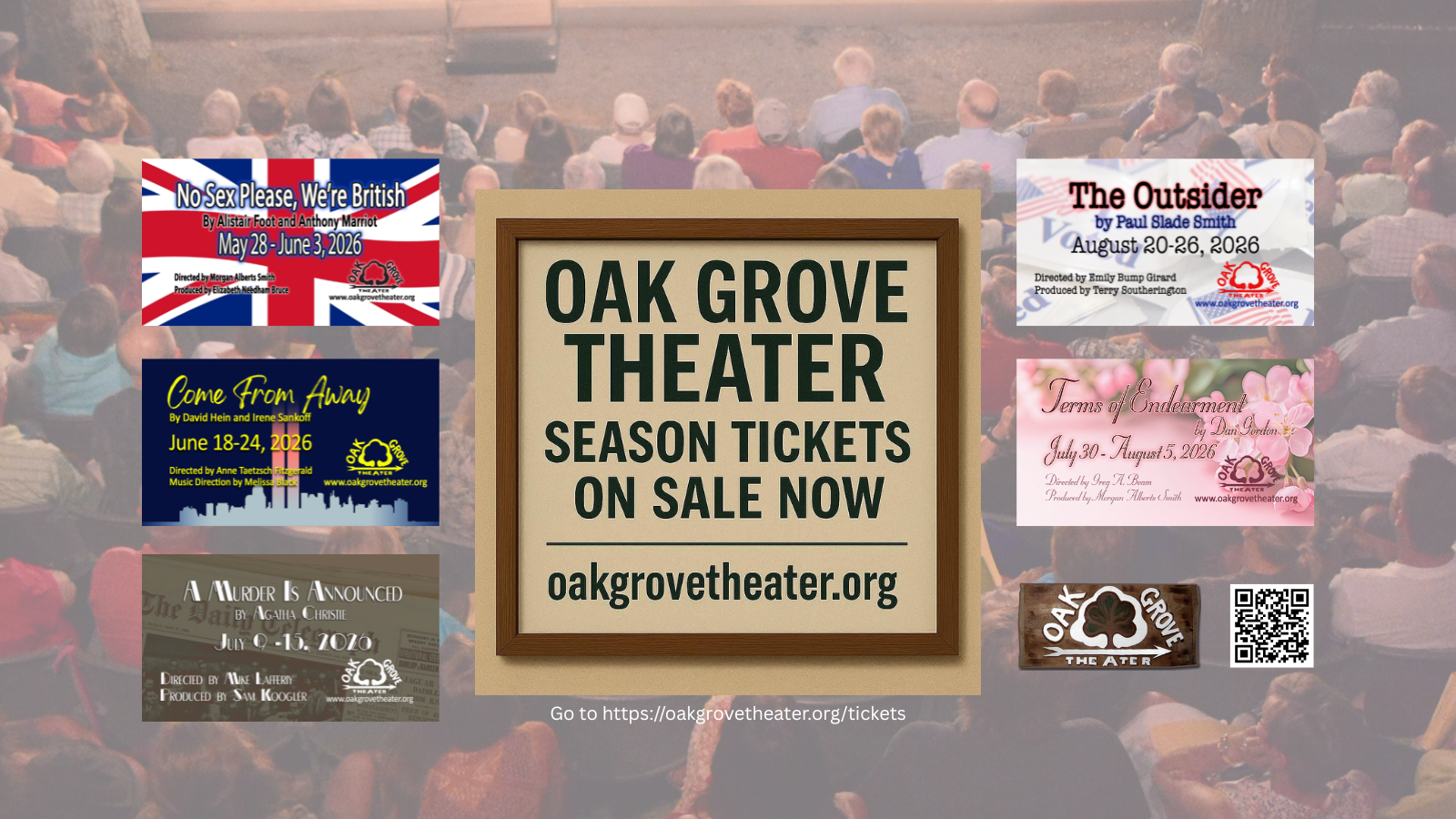 Season Tickets for Oak Grove Theater’s 2026 season are now on sale. Join us at the Grove for five summer shows, warm nights, and the perfect excuse to pack a picnic or tailgate with friends before the performance. Grab your tickets and make the Grove part of your summer tradition.